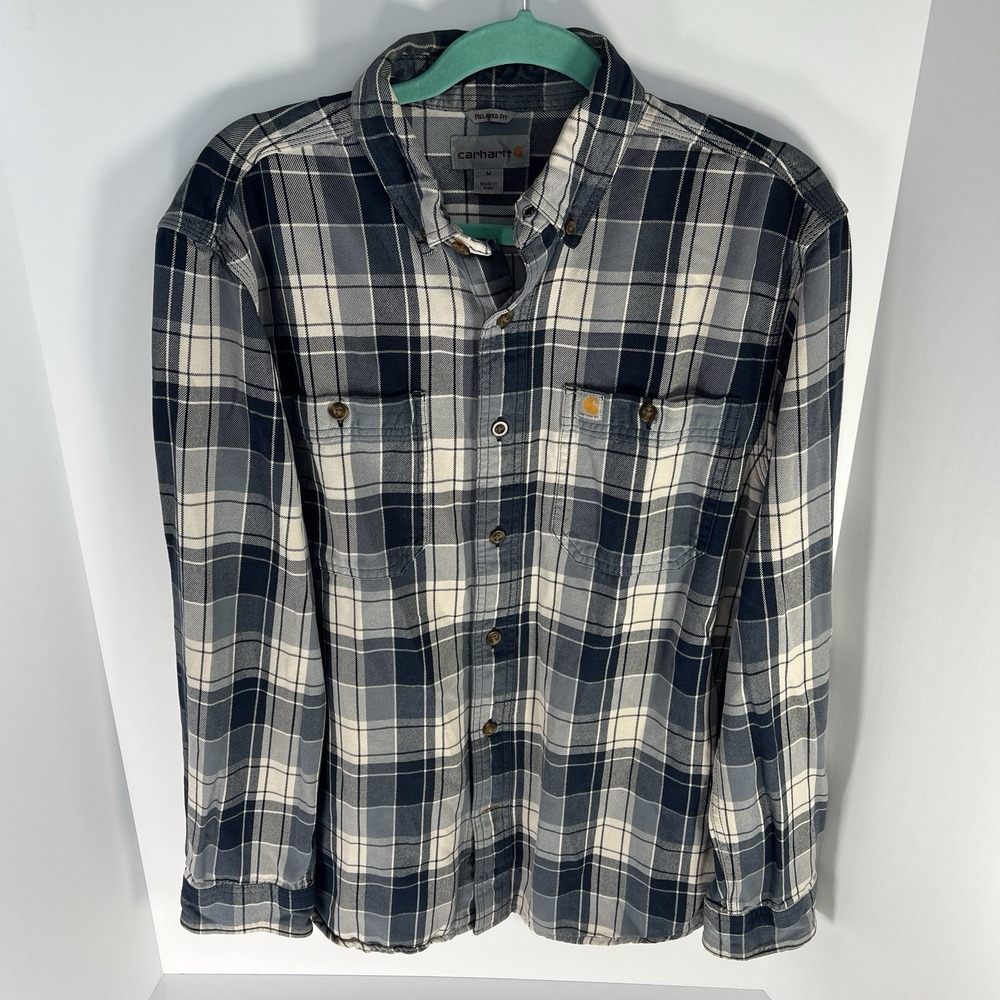 Carhartt Trumbull Shirt Men's Medium Blue White Plaid Flannel Button Down EUC